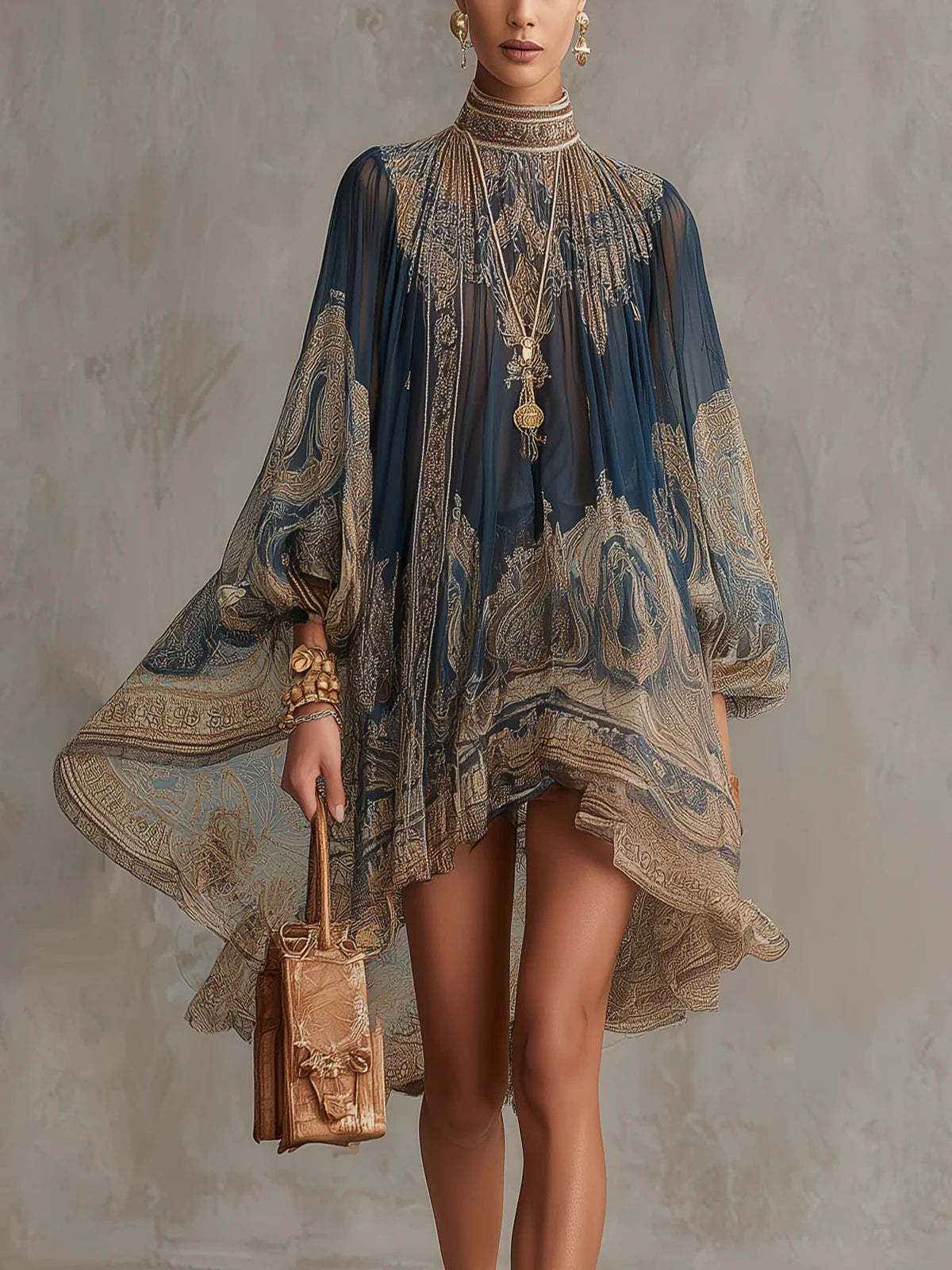 Printed Long Sleeve High Neck Loose Dress - MODALIFE