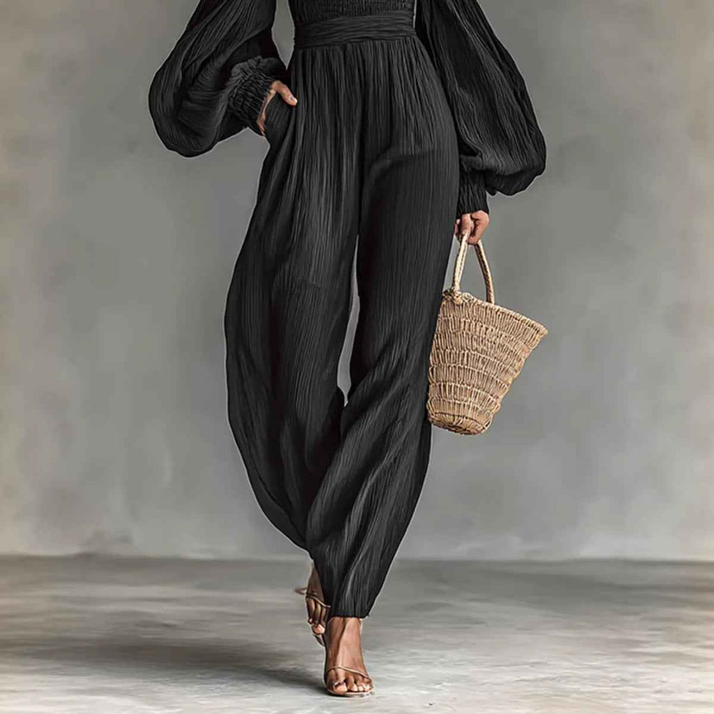 Style Off-Shoulder Lantern Sleeve Pleated Loose Jumpsuit for Women - MODALIFE