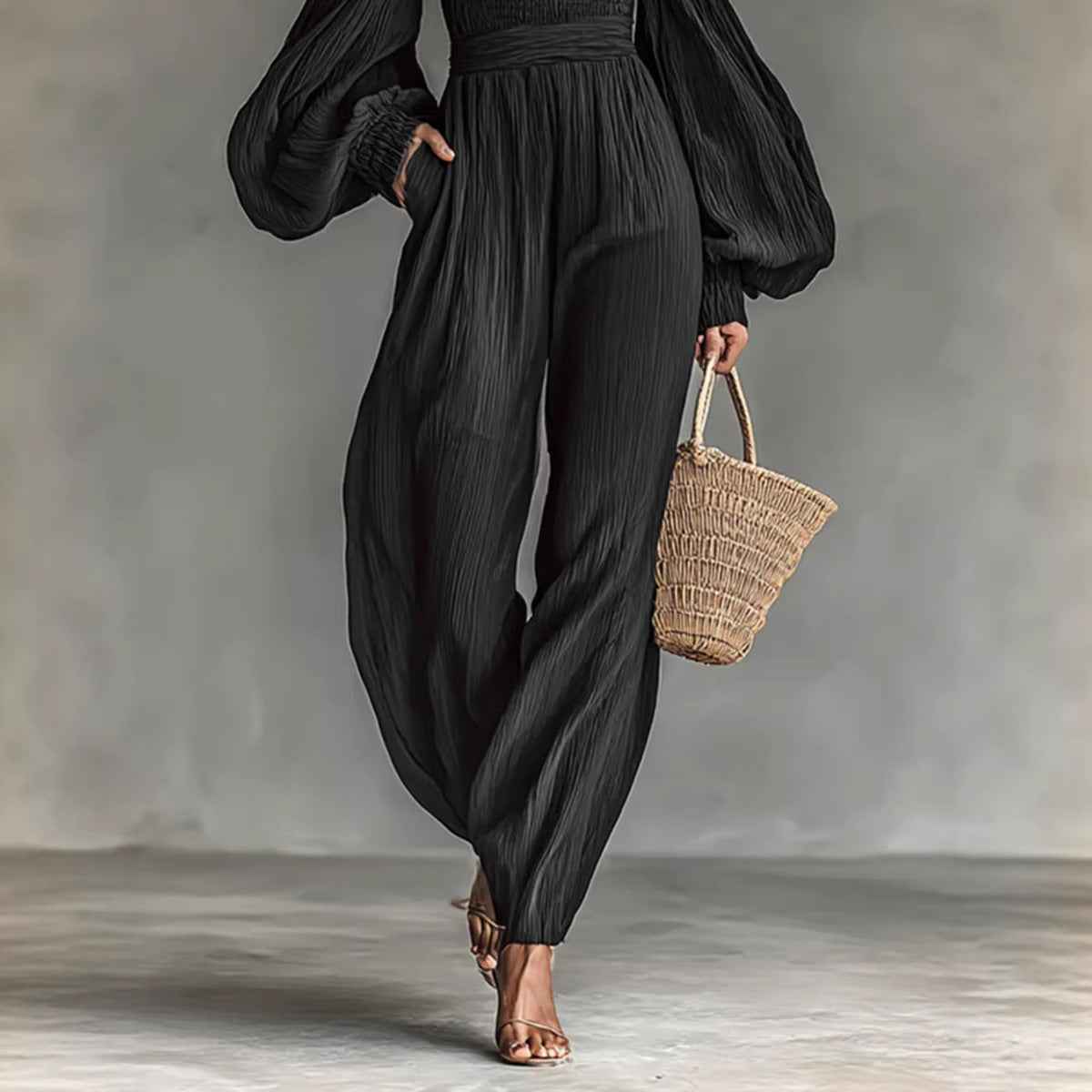 Style Off-Shoulder Lantern Sleeve Pleated Loose Jumpsuit for Women - MODALIFE
