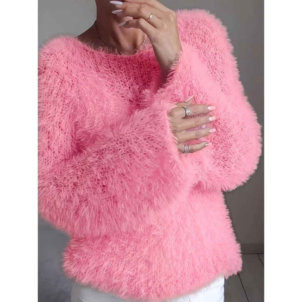 Women's macaron round neck fluffy solid color long sleeved fur top - MODALIFE