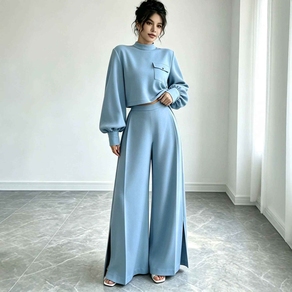 Solid color wide leg pants set for women - MODALIFE