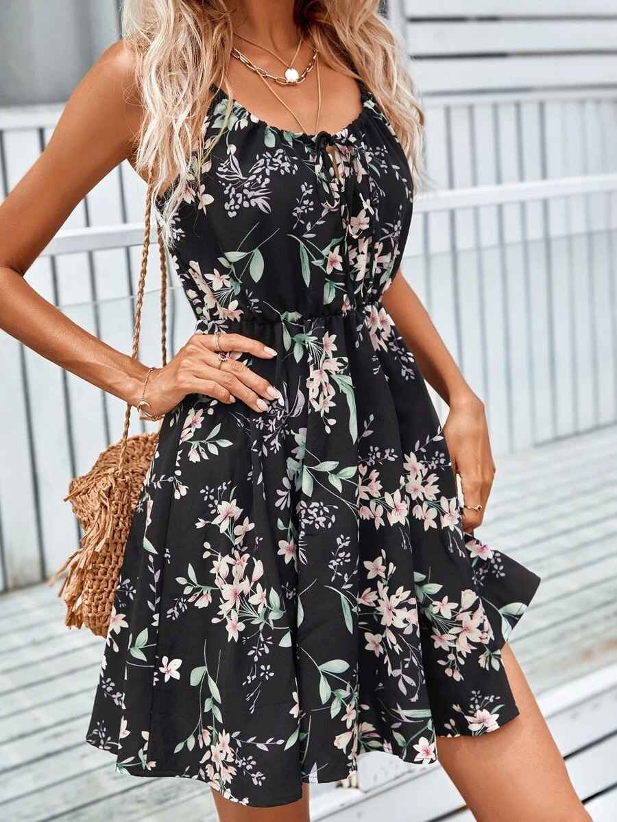 Elegant Sleeveless Printed Dress with Elastic Waist and Straps for Women - MODALIFE