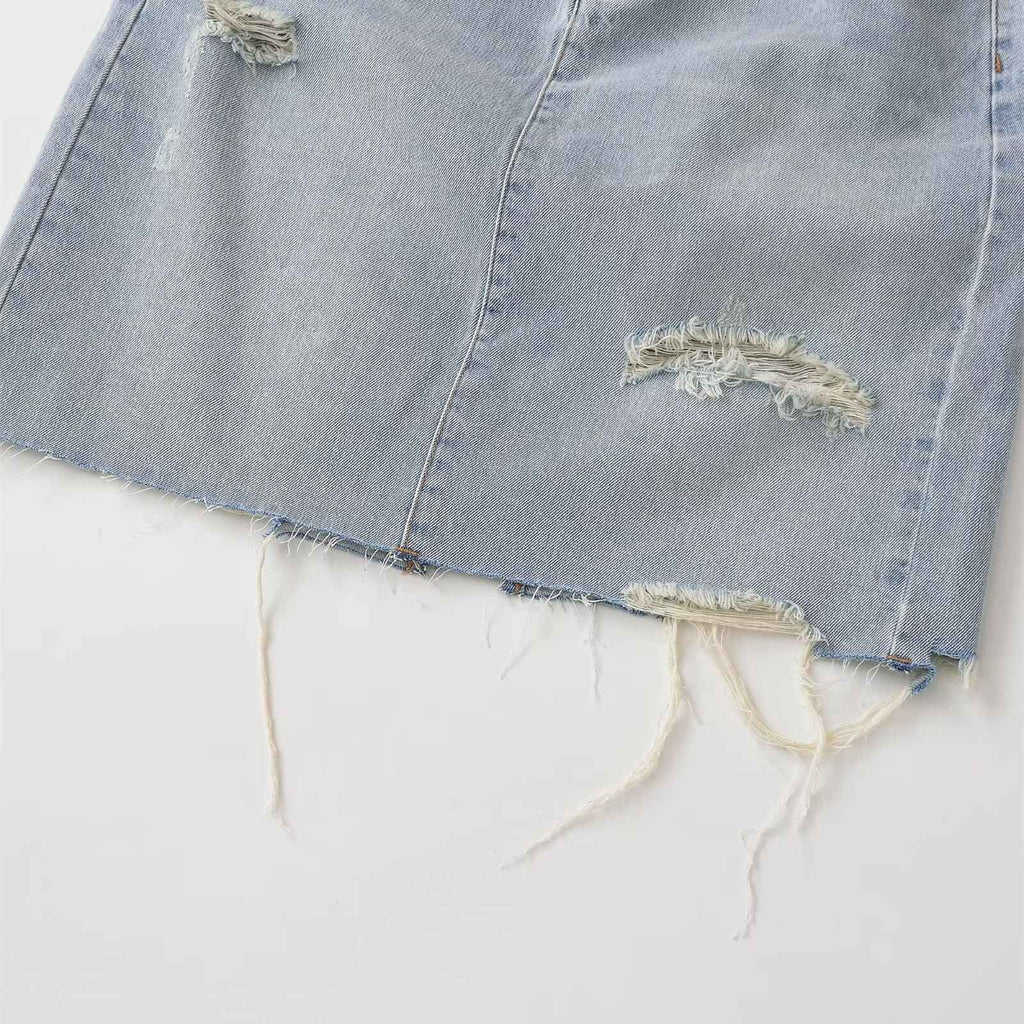 Mid waist perforated casual denim skirt