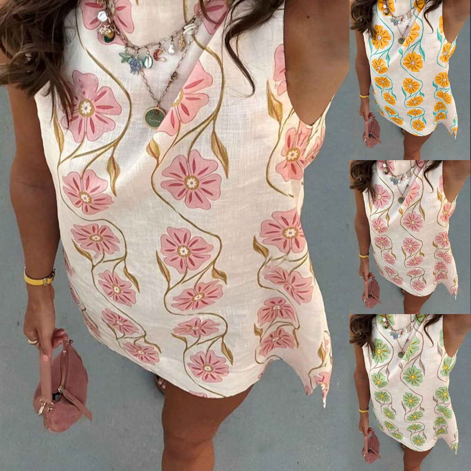 Fashionable Pink Floral Round Neck Sleeveless Vest Dress for Women Casual Summer Style - MODALIFE