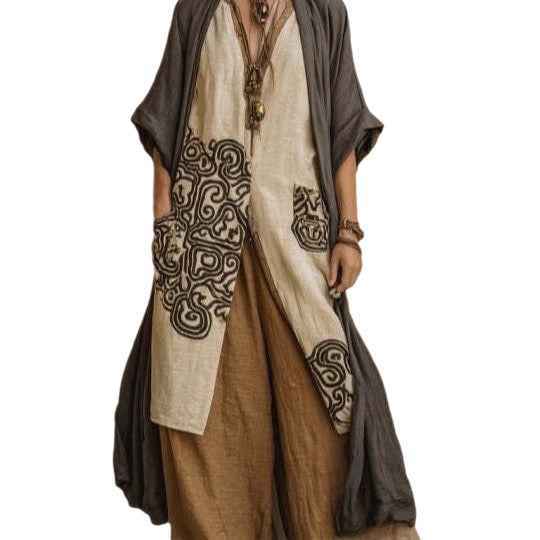 Loose Embroidered Long Robe Two-Piece Set for Women, Casual Wide-Leg Pants Outfit, Fashionable and Trendy