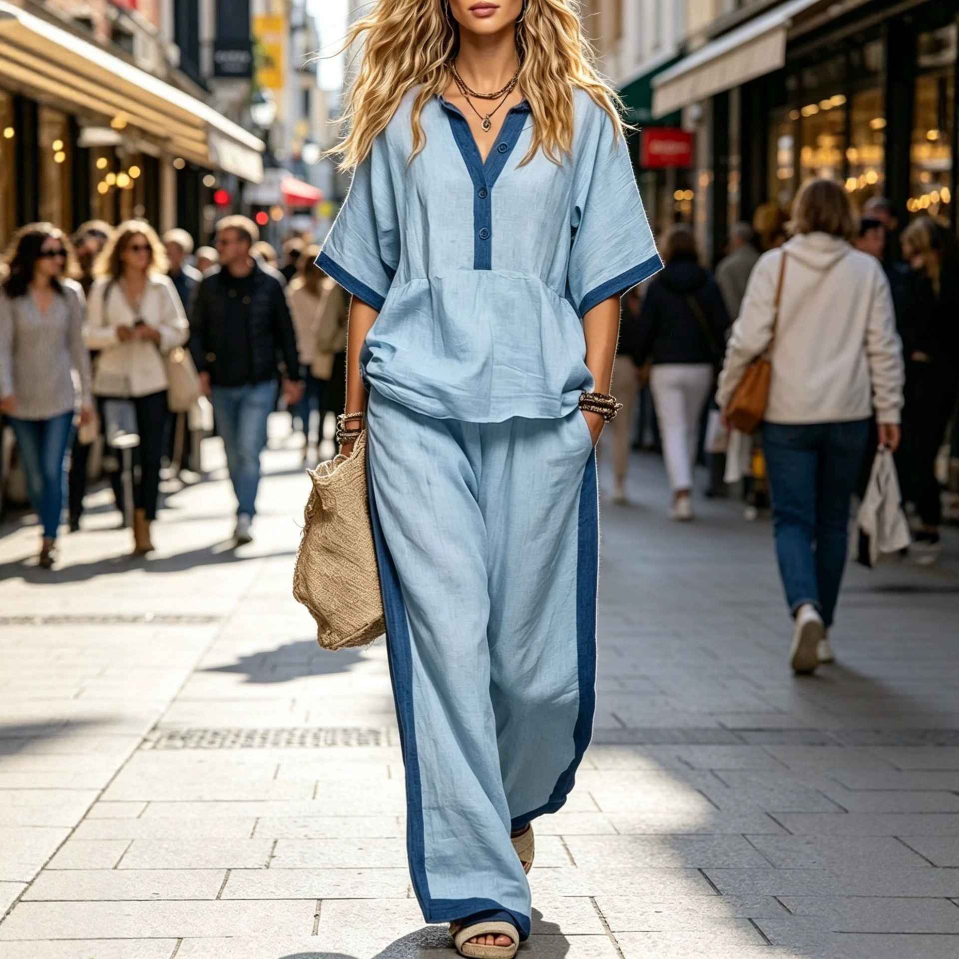 Casual Loose Solid Color Top with V-Neck and Three-Quarter Sleeves  Elastic Waist Loose Wide-Leg Pants Solid Color Set for Women - MODALIFE