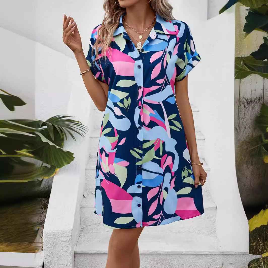 Summer New Fashion Colorful Floral Printed Open Front Short Sleeve Shirt Dress - MODALIFE