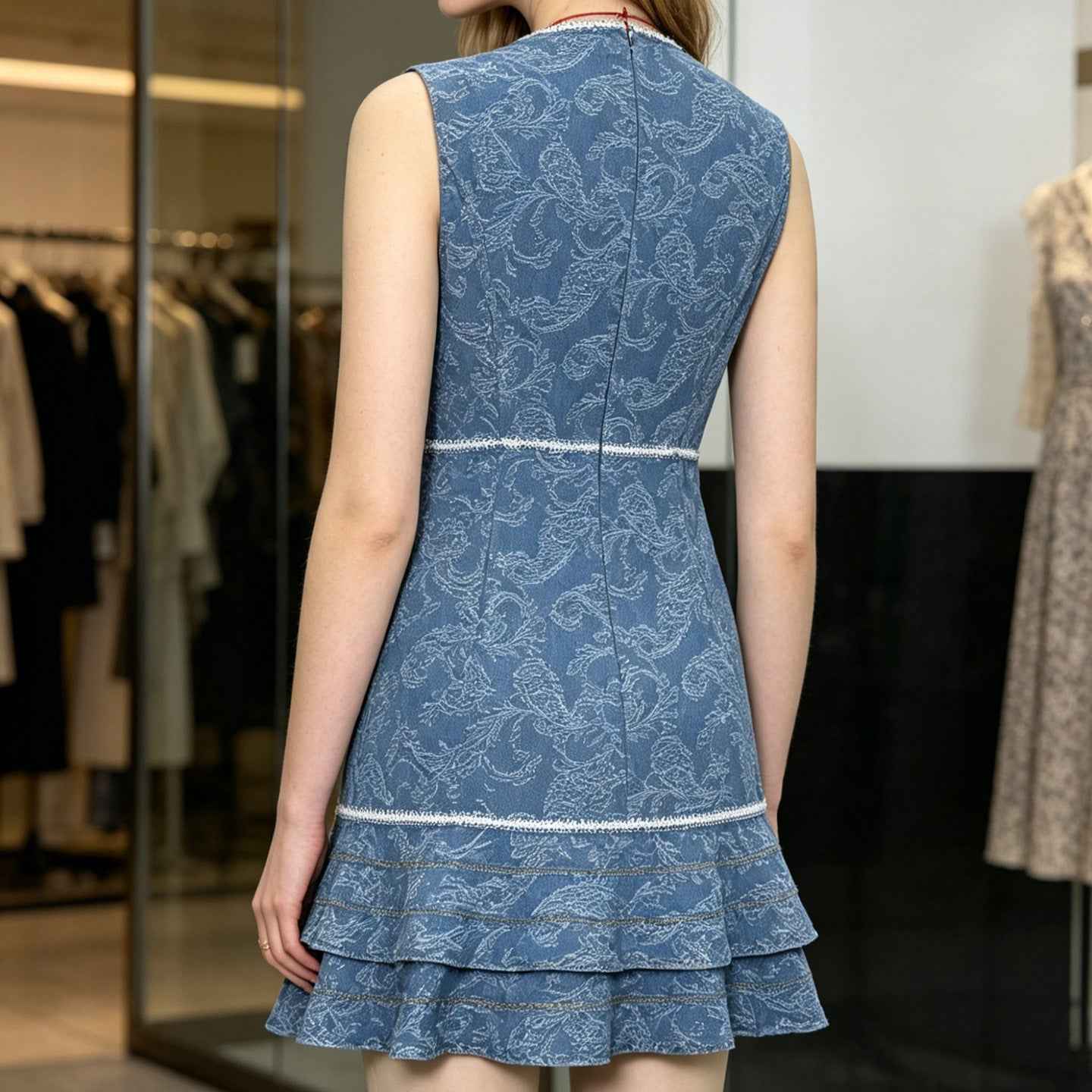 Sleeveless blue and white print element denim blue dress - MODALIFE