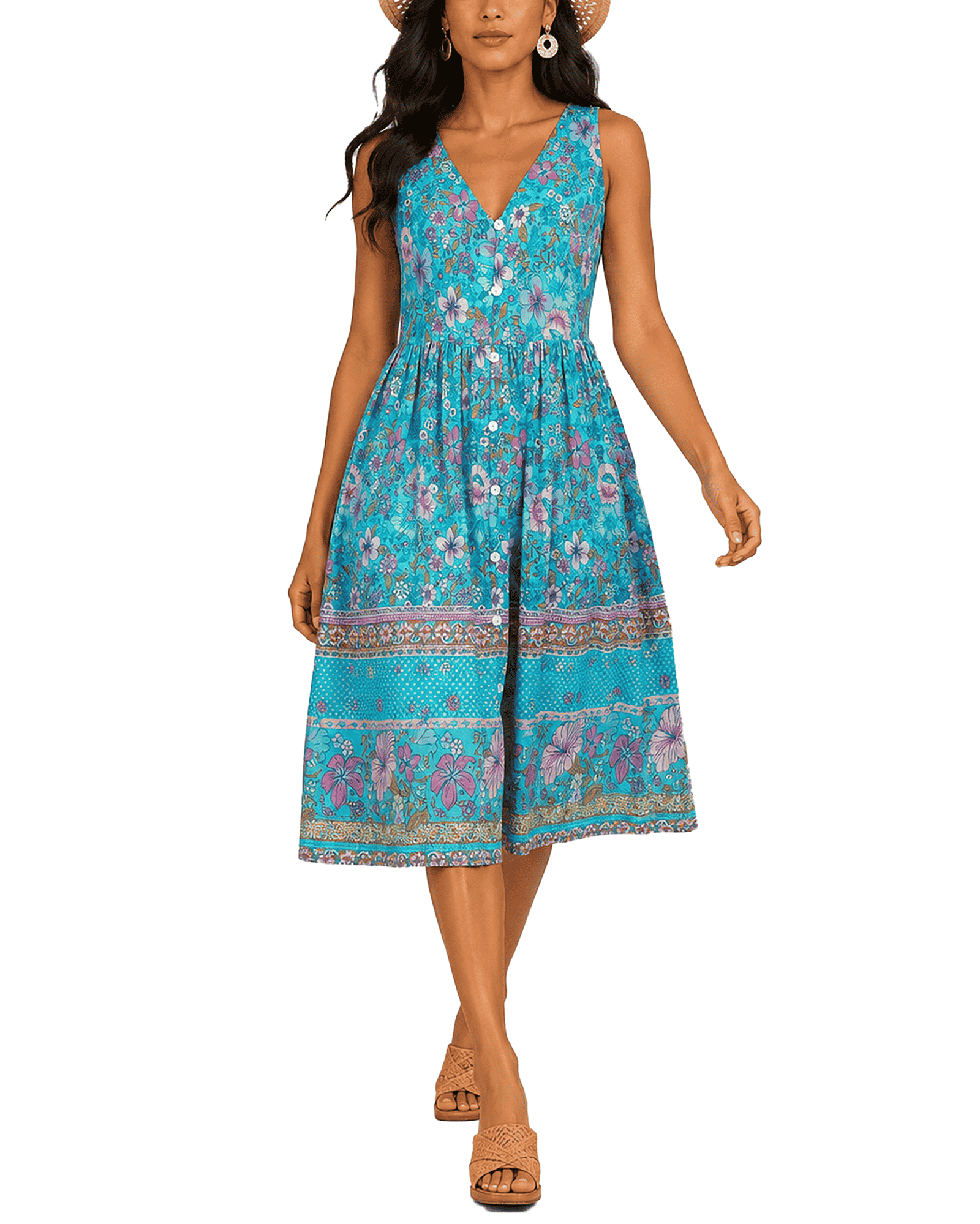 Women's Fashion Ethnic Style Blue Printed V-Neck Open Front Sleeveless Dress - MODALIFE