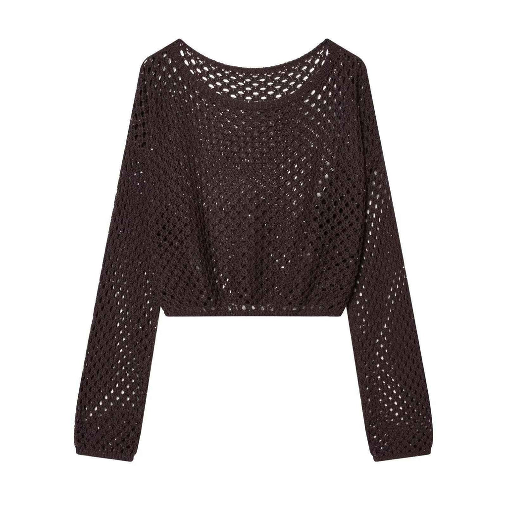 Spicy girl sequin hollow out short long sleeved knitted sweater