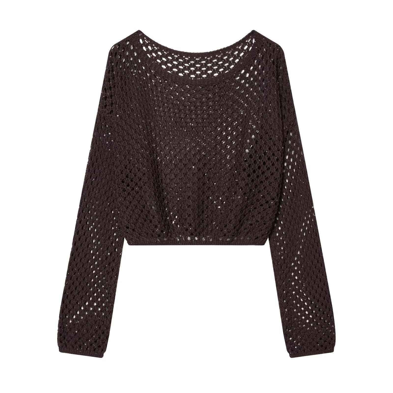 Spicy girl sequin hollow out short long sleeved knitted sweater