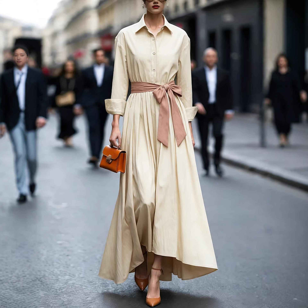 Long sleeved shirt collar solid color long skirt dress - MODALIFE