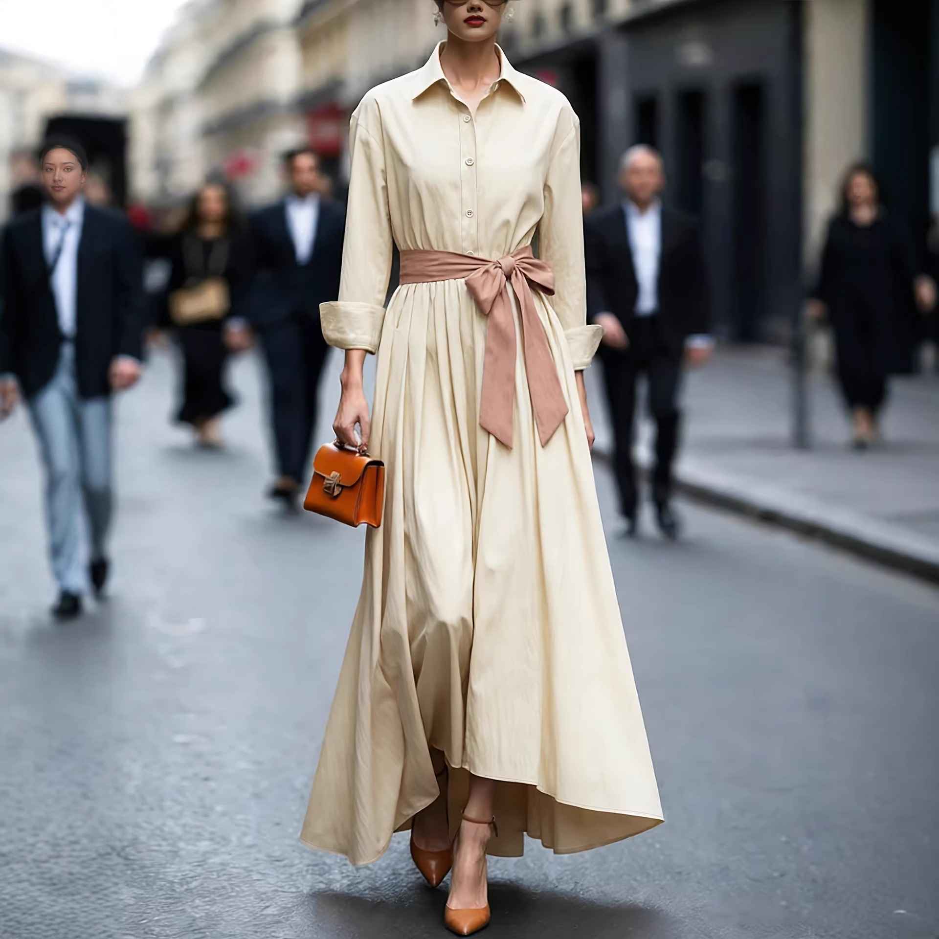 Long sleeved shirt collar solid color long skirt dress - MODALIFE