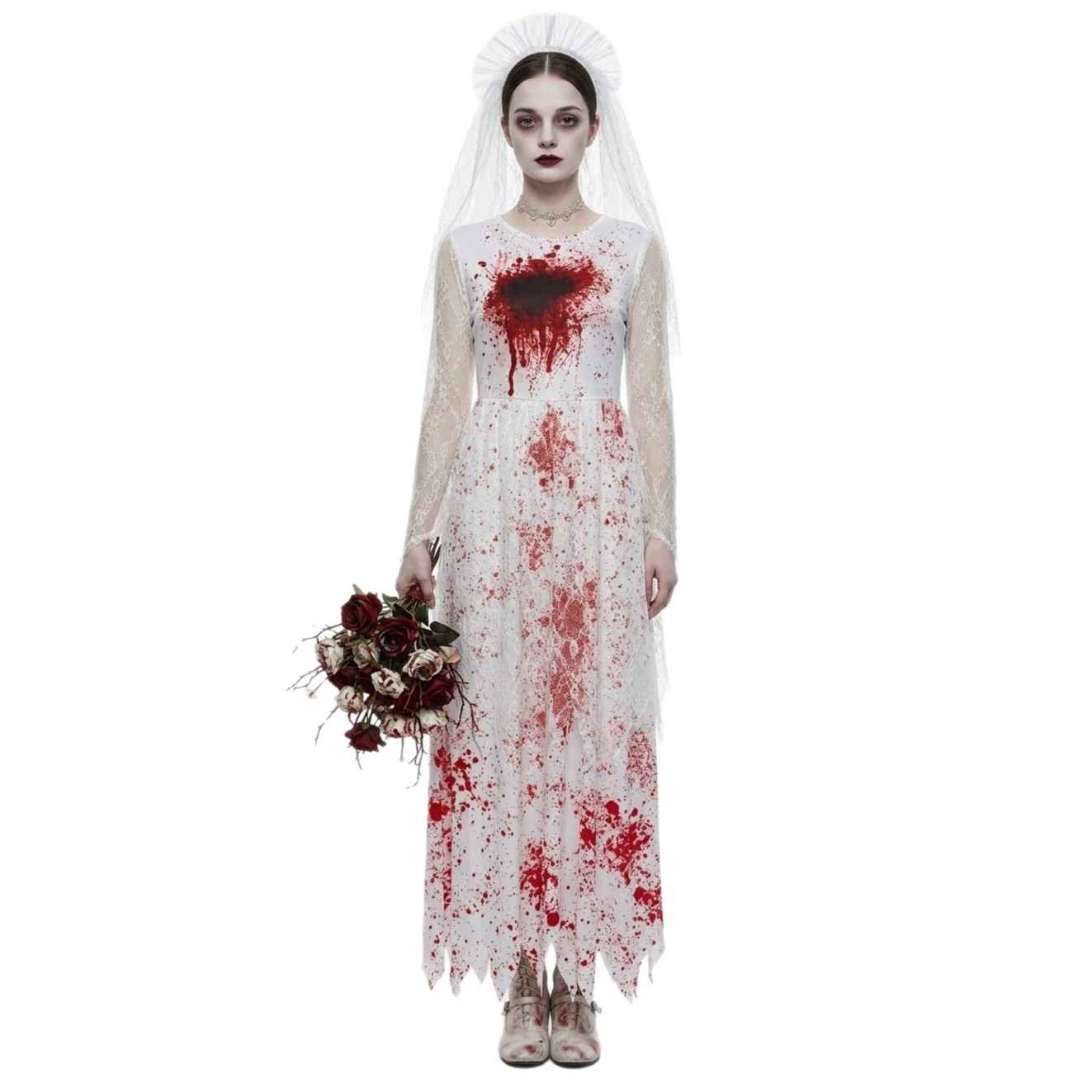 Halloween Dark Bloody Ghost Bride Cosplay Costume, Horror Blood-Stained Wedding Dress for Party and Stage Performance, - MODALIFE