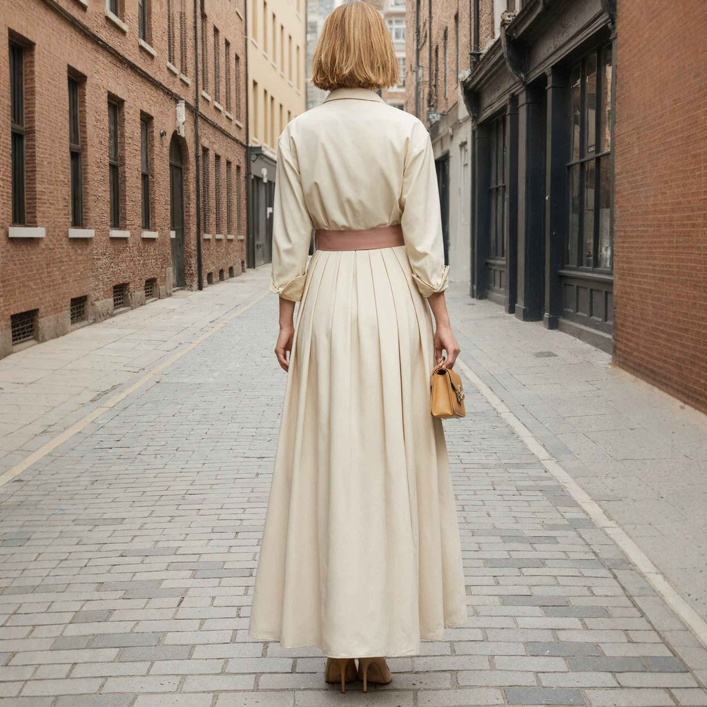 Long sleeved shirt collar solid color long skirt dress - MODALIFE