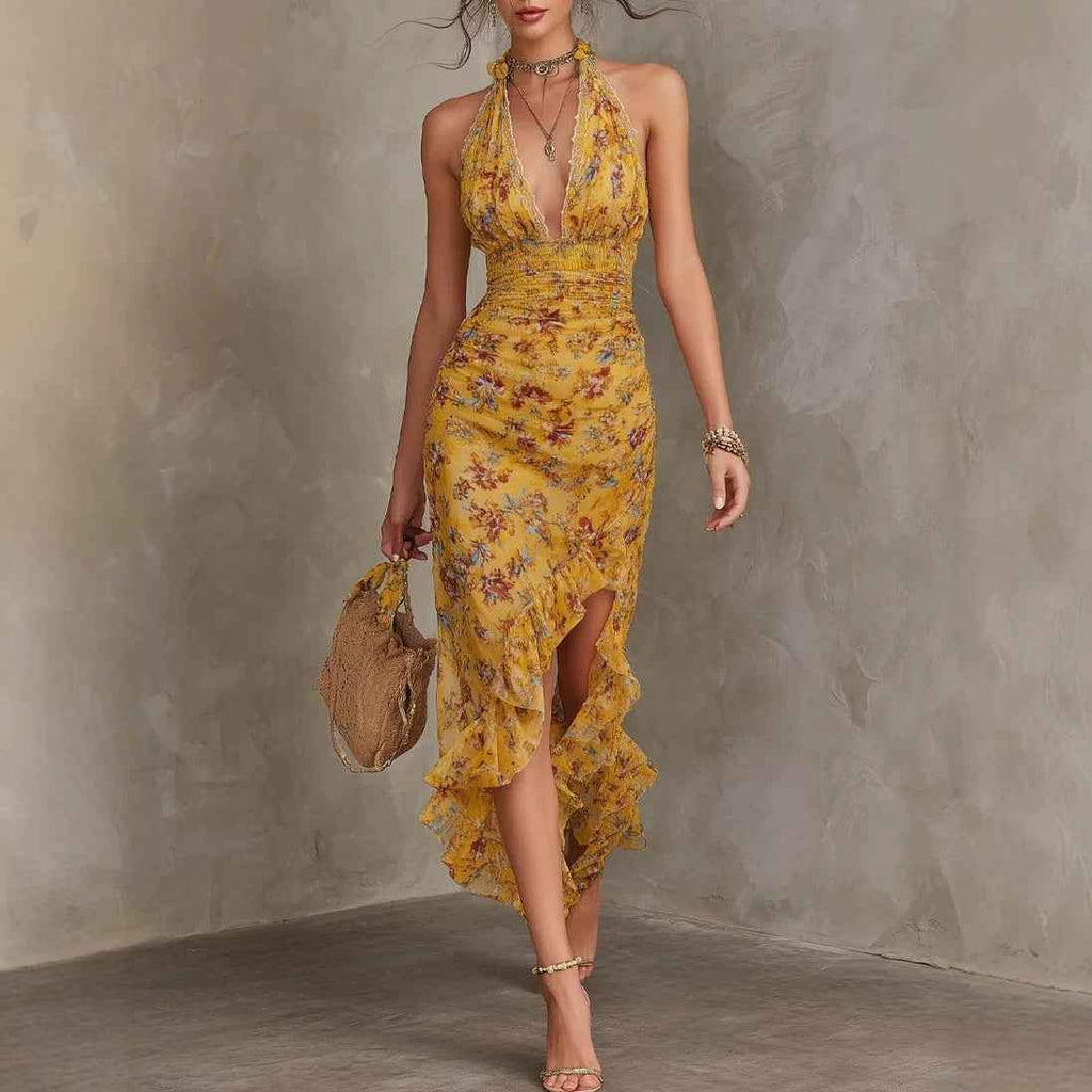 French Vintage Yellow Floral Halter Neck Dress Deep V Waist-Cinching Split Ruffle Slimming Elegant Dress - MODALIFE