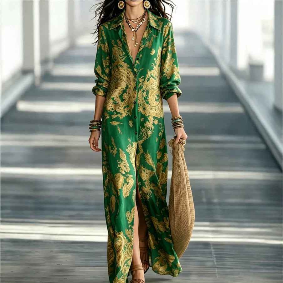 Blue Tone Printed Chiffon Turn-down Collar Split Resort Beach Dress