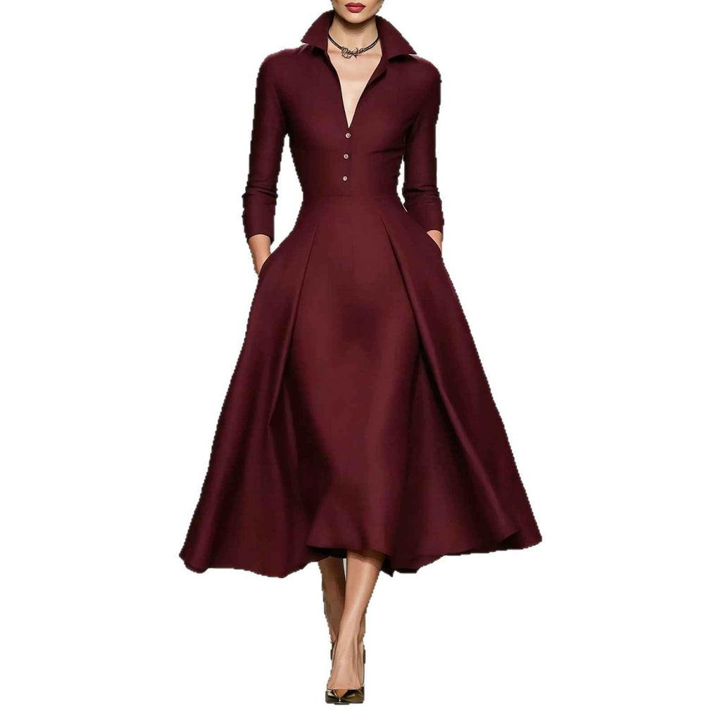V-neck waist cinched long sleeved dress - MODALIFE