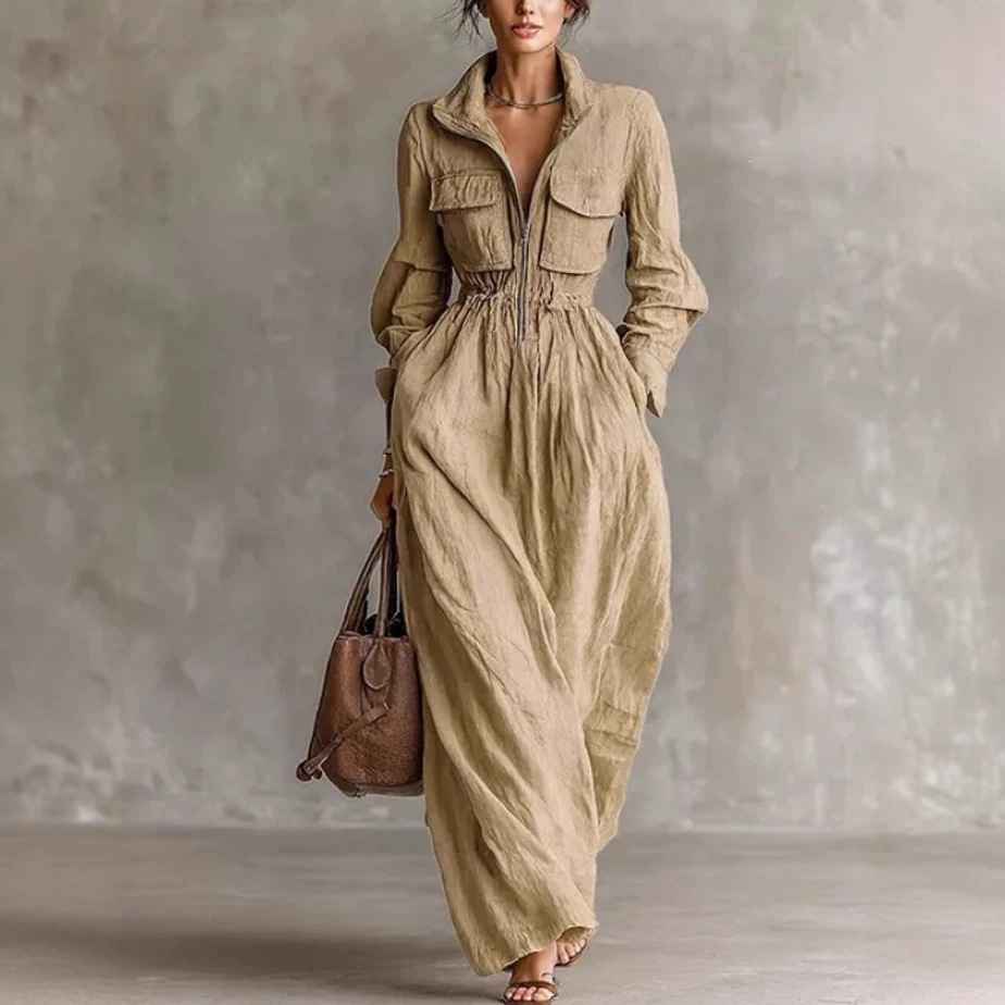 Women's Zipper Collar Elastic Waist Long Dress - MODALIFE