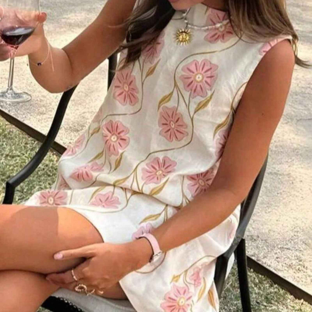 Fashionable Pink Floral Round Neck Sleeveless Vest Dress for Women Casual Summer Style - MODALIFE