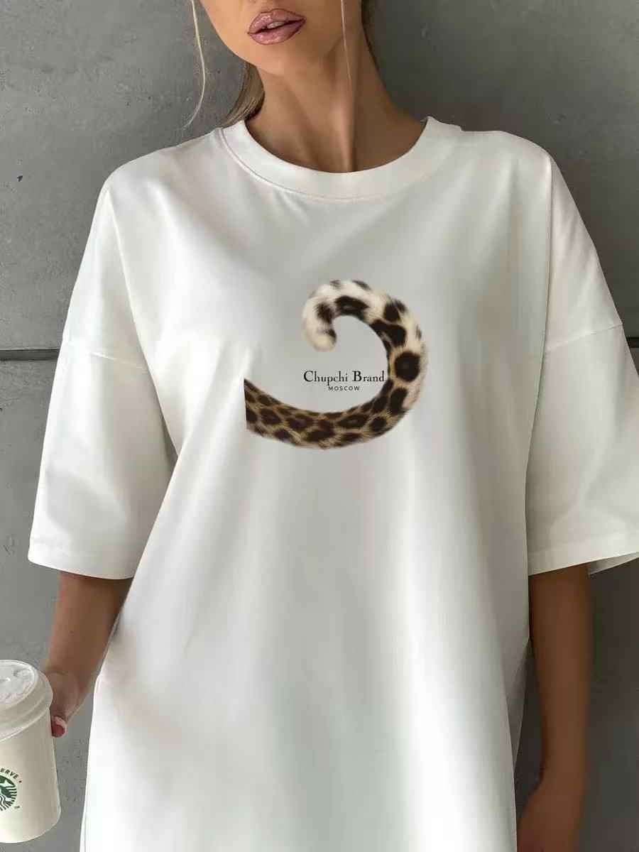 Leopard print tail printed short sleeved T-shirt for women
