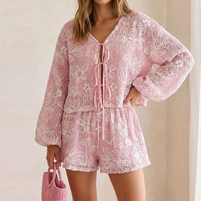V-neck long sleeved lace up top and shorts two-piece set - MODALIFE
