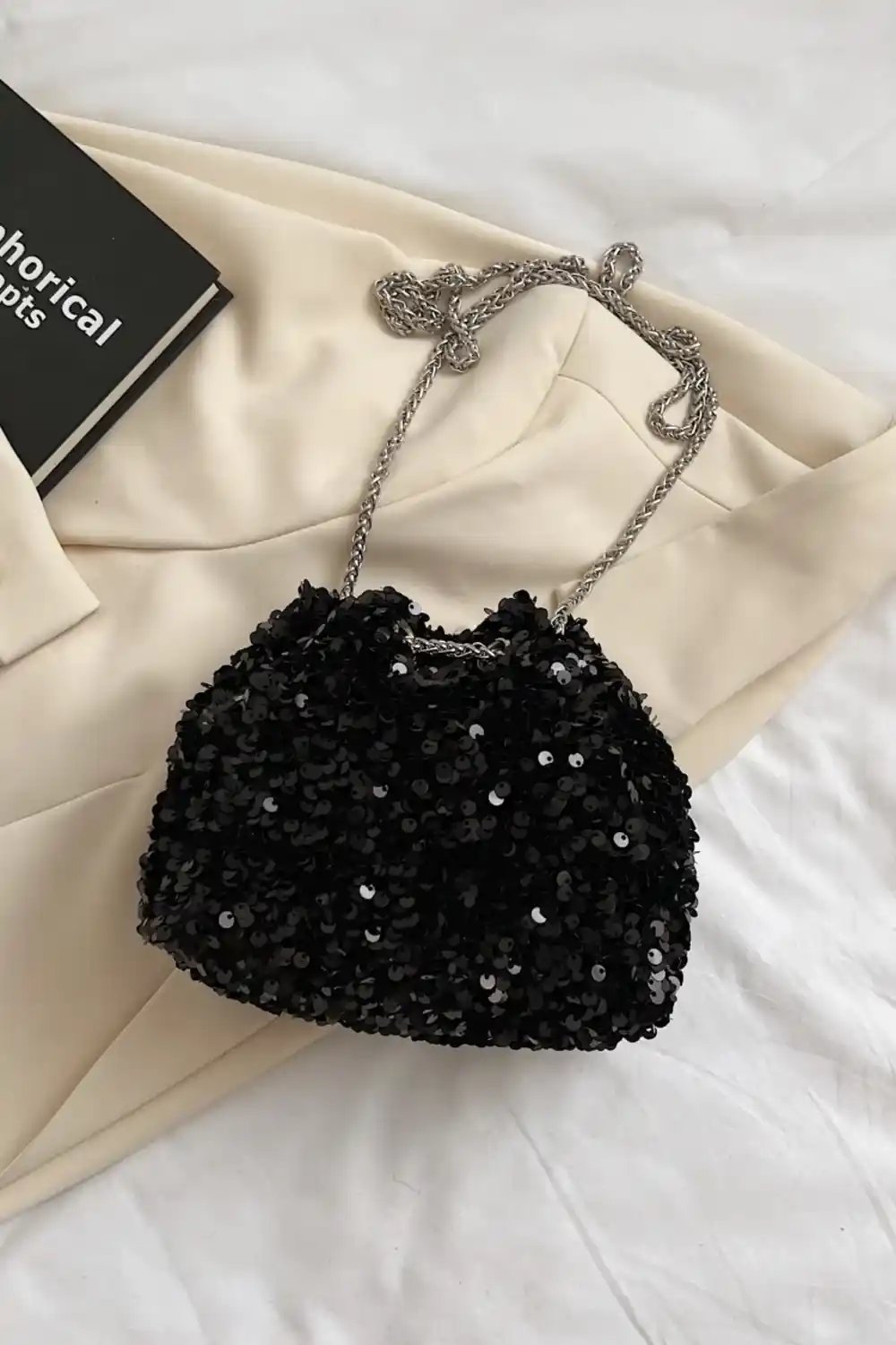 Sequin Chain Drawstring Bucket Bag - MODALIFE