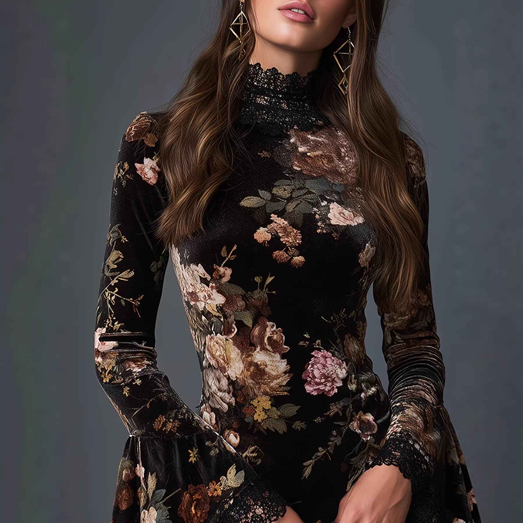 Vintage fashionable floral print lace spliced flared sleeve fitted short dress - MODALIFE