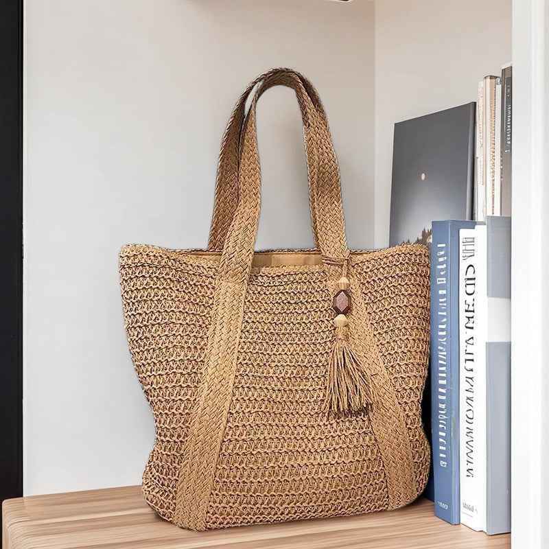Large capacity commuting straw woven bag hand-held woven vacation style beach shoulder bag