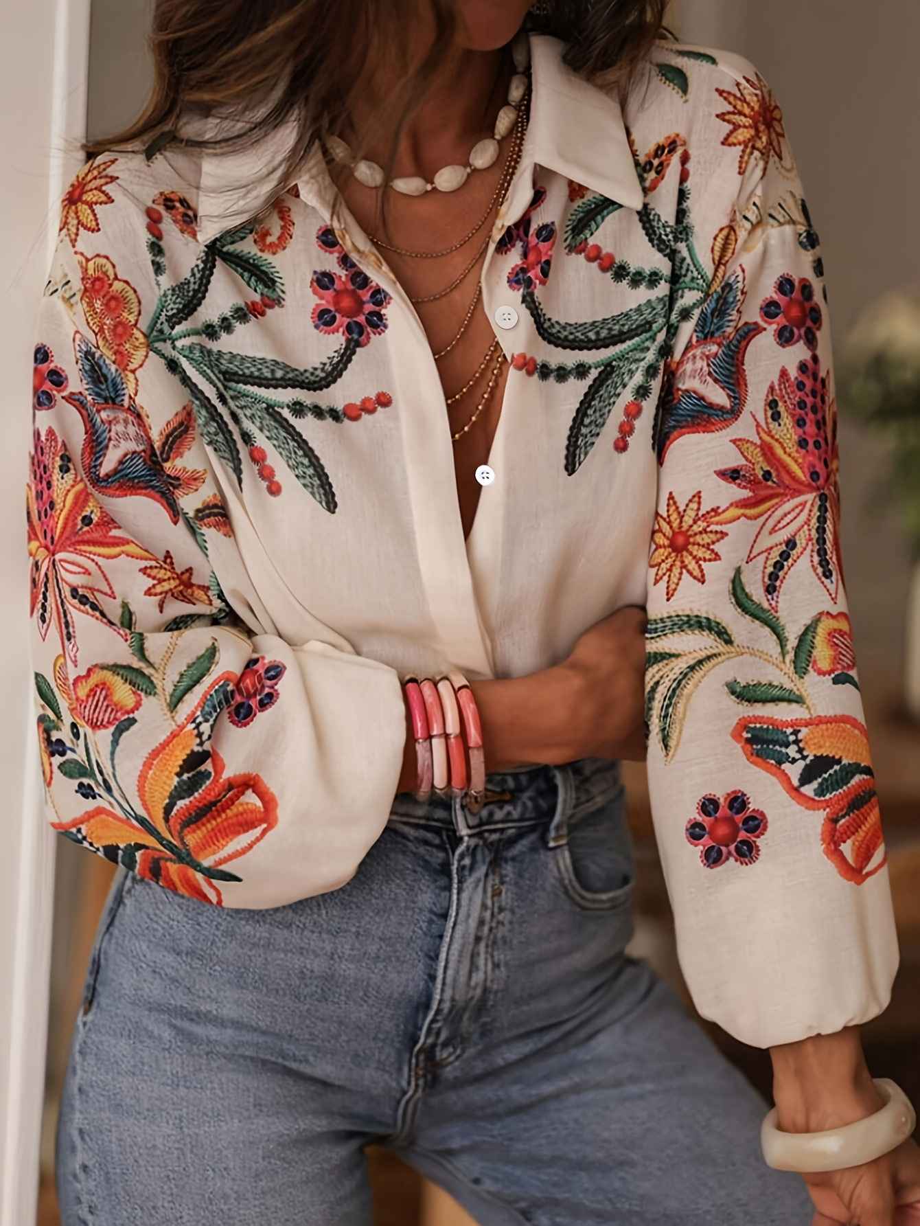 Style loose long sleeve digital print shirt top - MODALIFE
