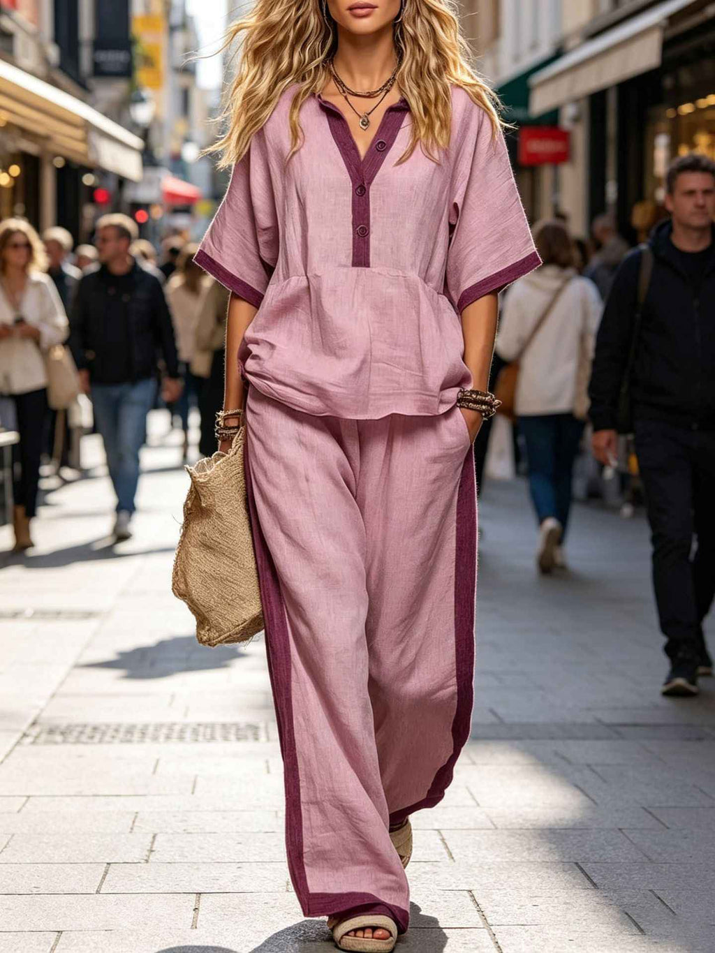 Casual Loose Solid Color Top with V-Neck and Three-Quarter Sleeves  Elastic Waist Loose Wide-Leg Pants Solid Color Set for Women - MODALIFE