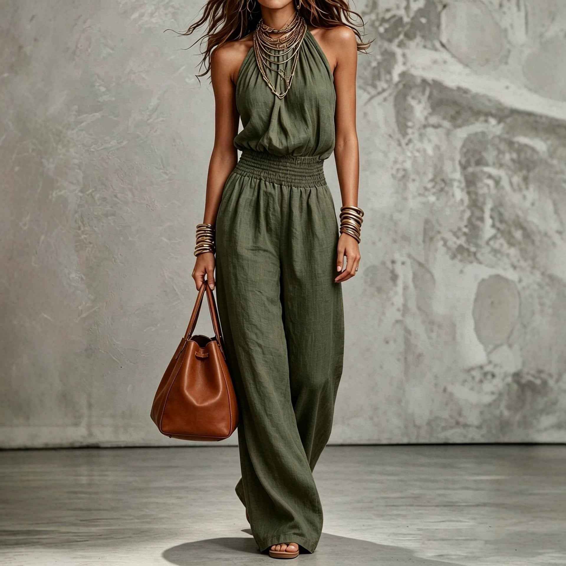 Sleeveless Backless Waist-Tie Halter Wide-Leg Jumpsuit for Women