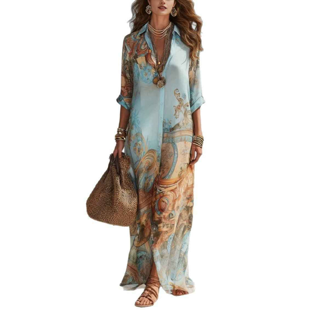 Blue Tone Printed Chiffon Turn-down Collar Split Resort Beach Dress