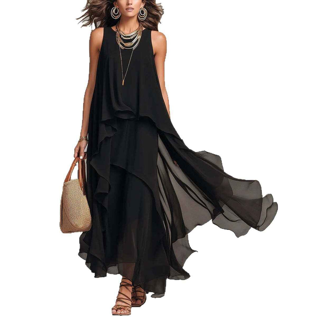 Chic Flowy Black Sleeveless Asymmetrical Chiffon Long Dress - MODALIFE