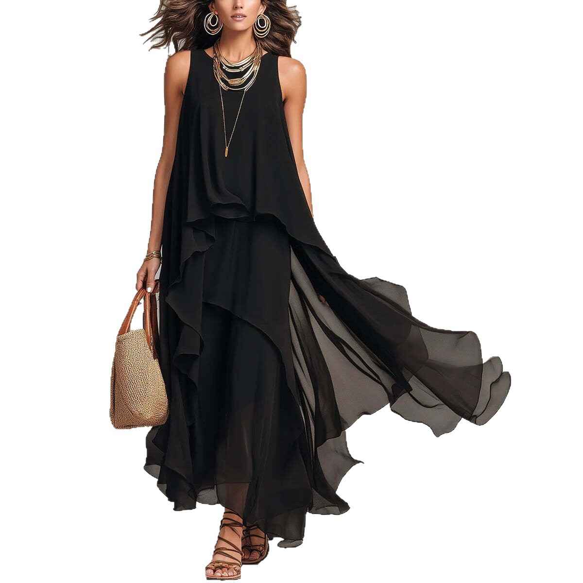 Chic Flowy Black Sleeveless Asymmetrical Chiffon Long Dress - MODALIFE
