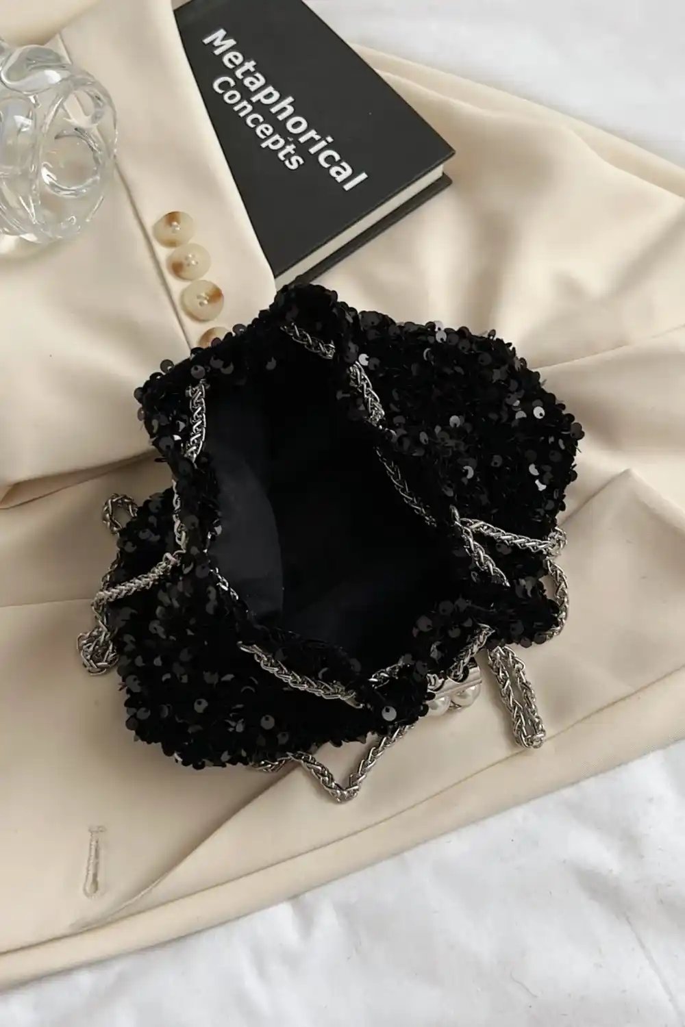 Sequin Chain Drawstring Bucket Bag - MODALIFE