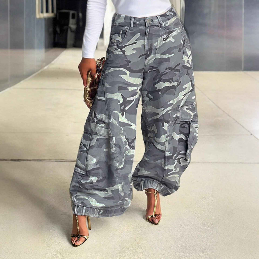 Camouflage Knife-Style Wide-Leg Cargo Jeans - MODALIFE