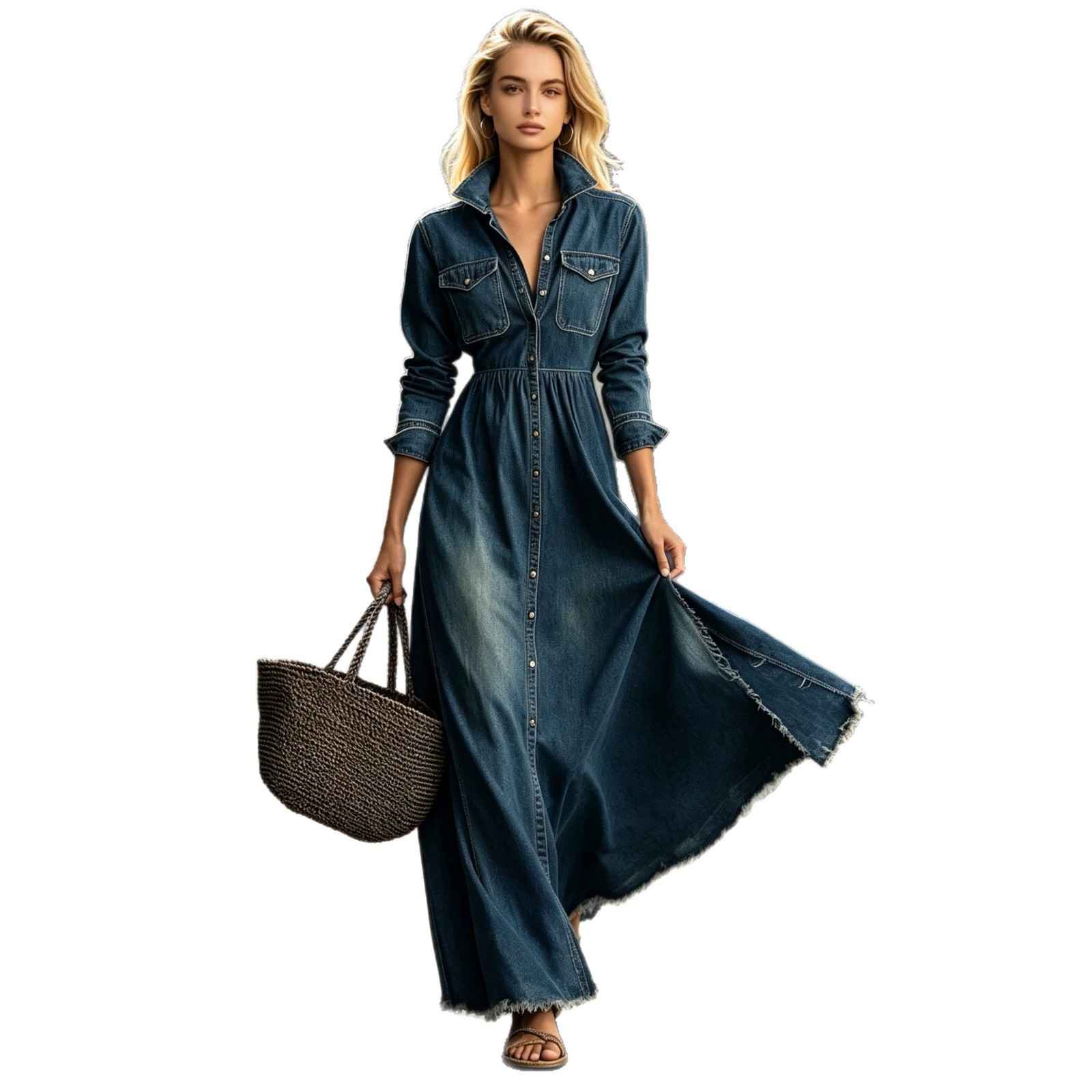 Style Retro Elegant Fitted Long Sleeve Denim Dress with Flared Skirt - MODALIFE