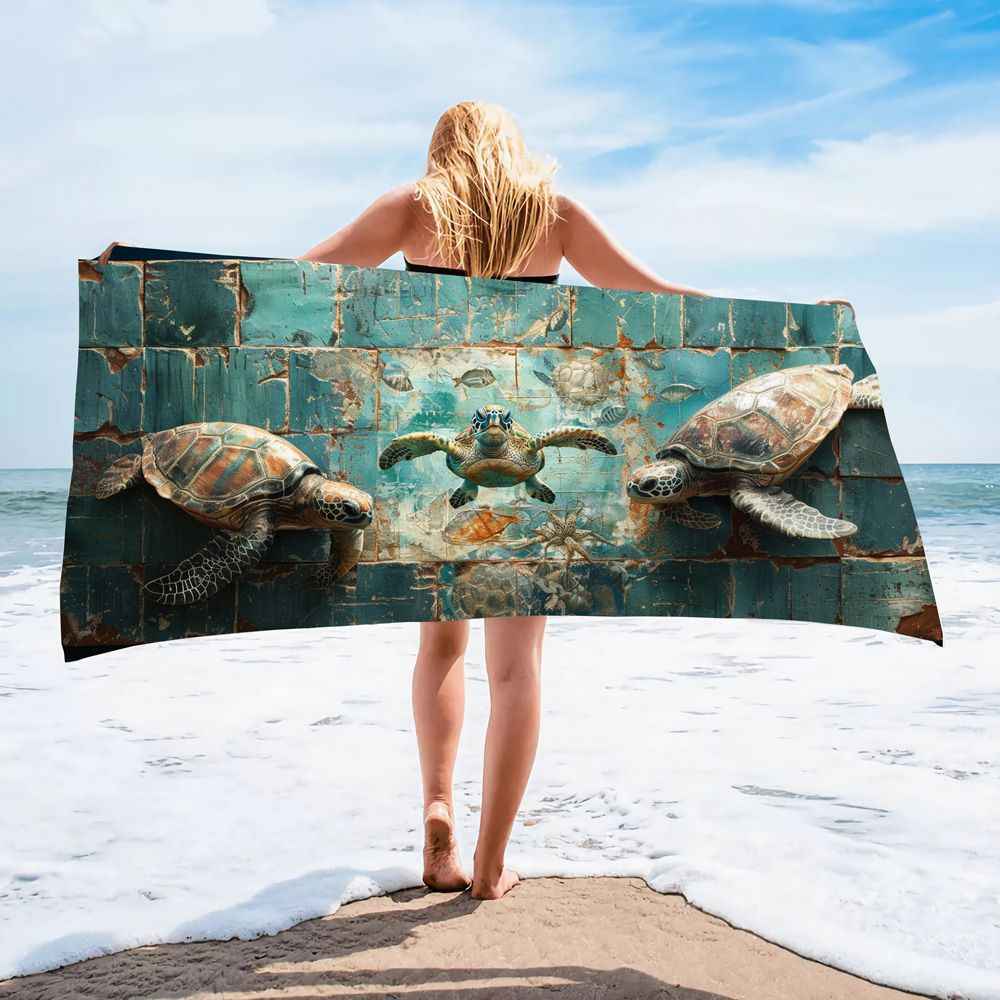 Ocean Turtle Pattern Beach Towel Ultra-Fine Fiber Quick-Dry Double-Sided Fleece Bath Towel Sand Blanket