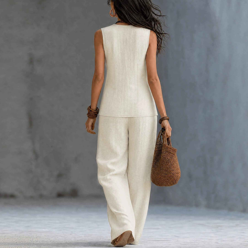 Sleeveless V-neck waist cinched top paired with wide leg pants set - MODALIFE