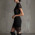 New European black see through lace patchwork dress, slim and tall, slit skirt with lace - MODALIFE