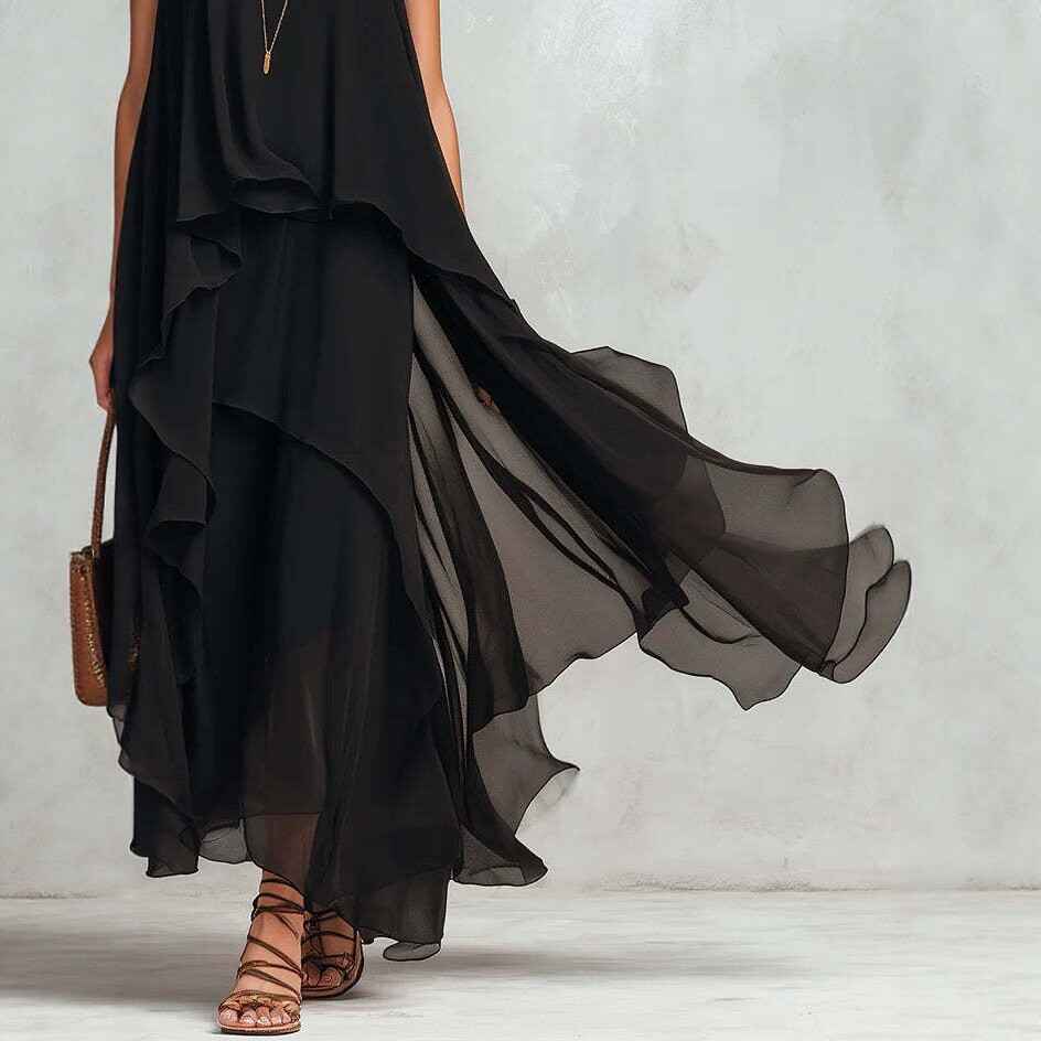 Chic Flowy Black Sleeveless Asymmetrical Chiffon Long Dress - MODALIFE