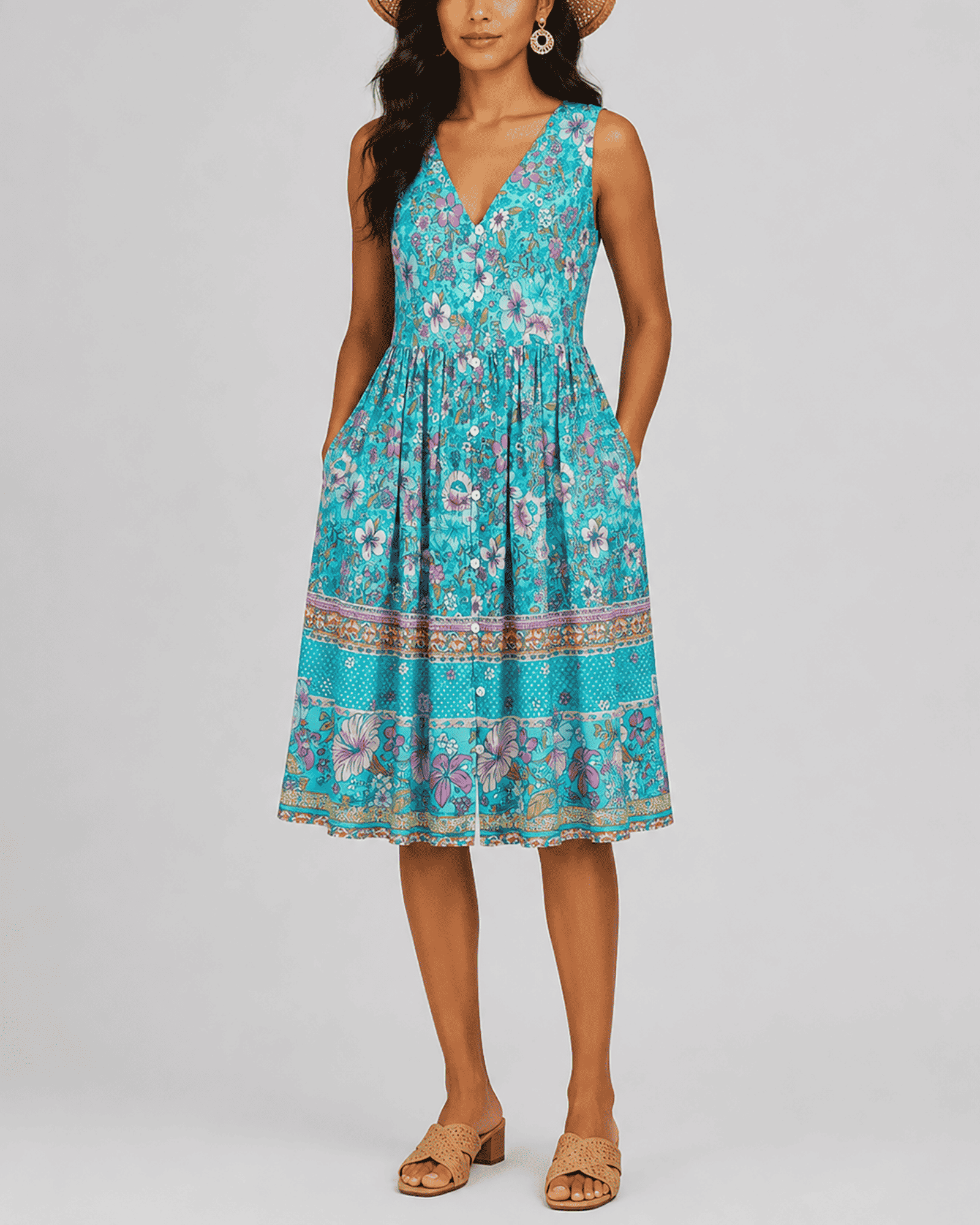 Women's Fashion Ethnic Style Blue Printed V-Neck Open Front Sleeveless Dress - MODALIFE