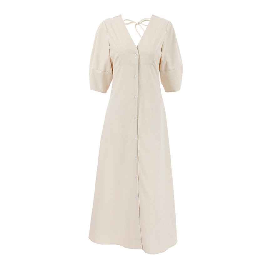 V-neck bubble sleeve loose mid length dress - MODALIFE