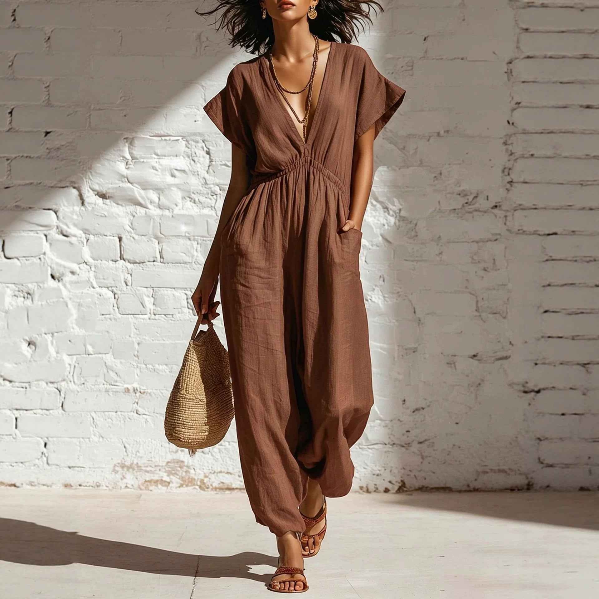 Deep V-neck loose fit pants for women