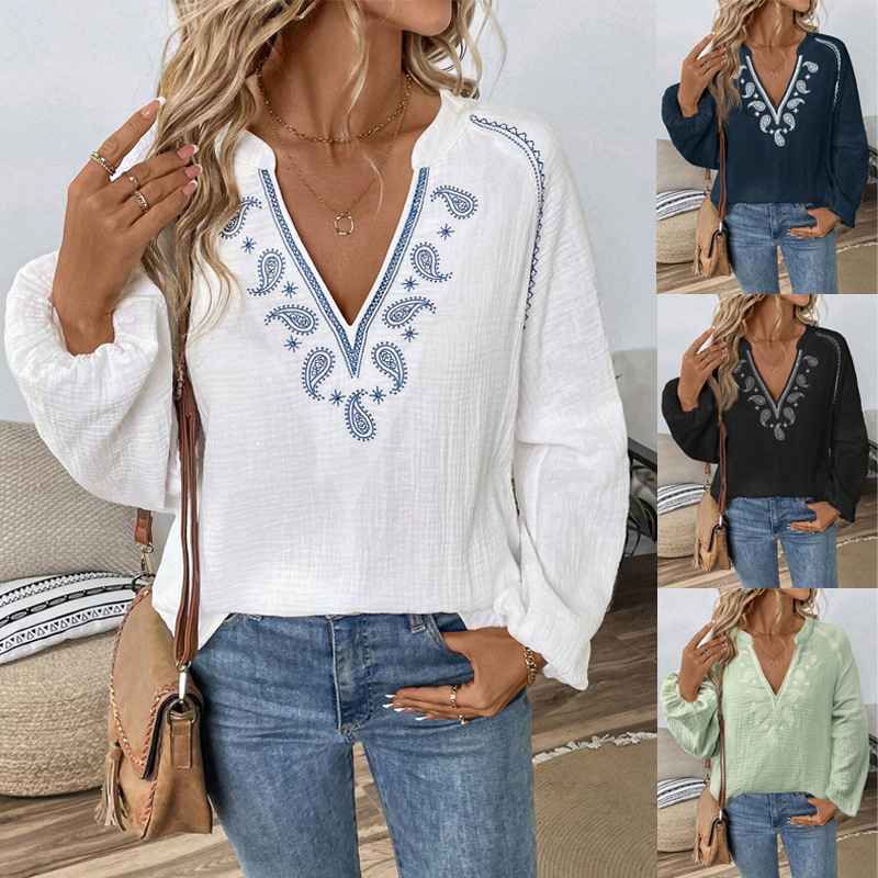 Ethnic Style Fashion Design V-Neck Embroidered Pure Cotton Top for Women - MODALIFE