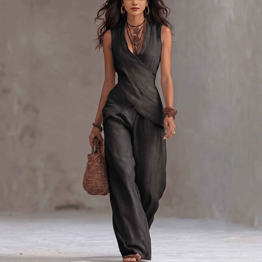Sleeveless V-neck waist cinched top paired with wide leg pants set - MODALIFE