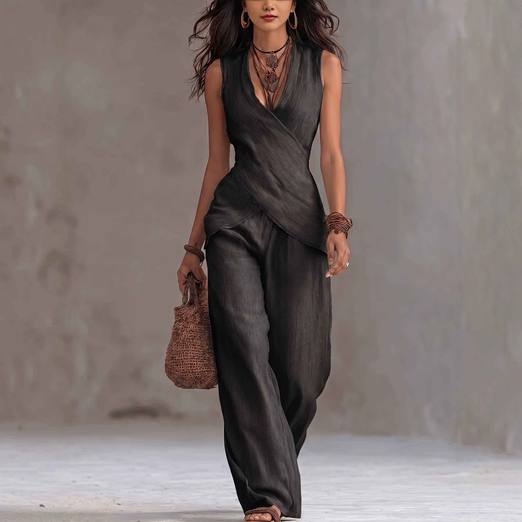 Sleeveless V-neck waist cinched top paired with wide leg pants set - MODALIFE