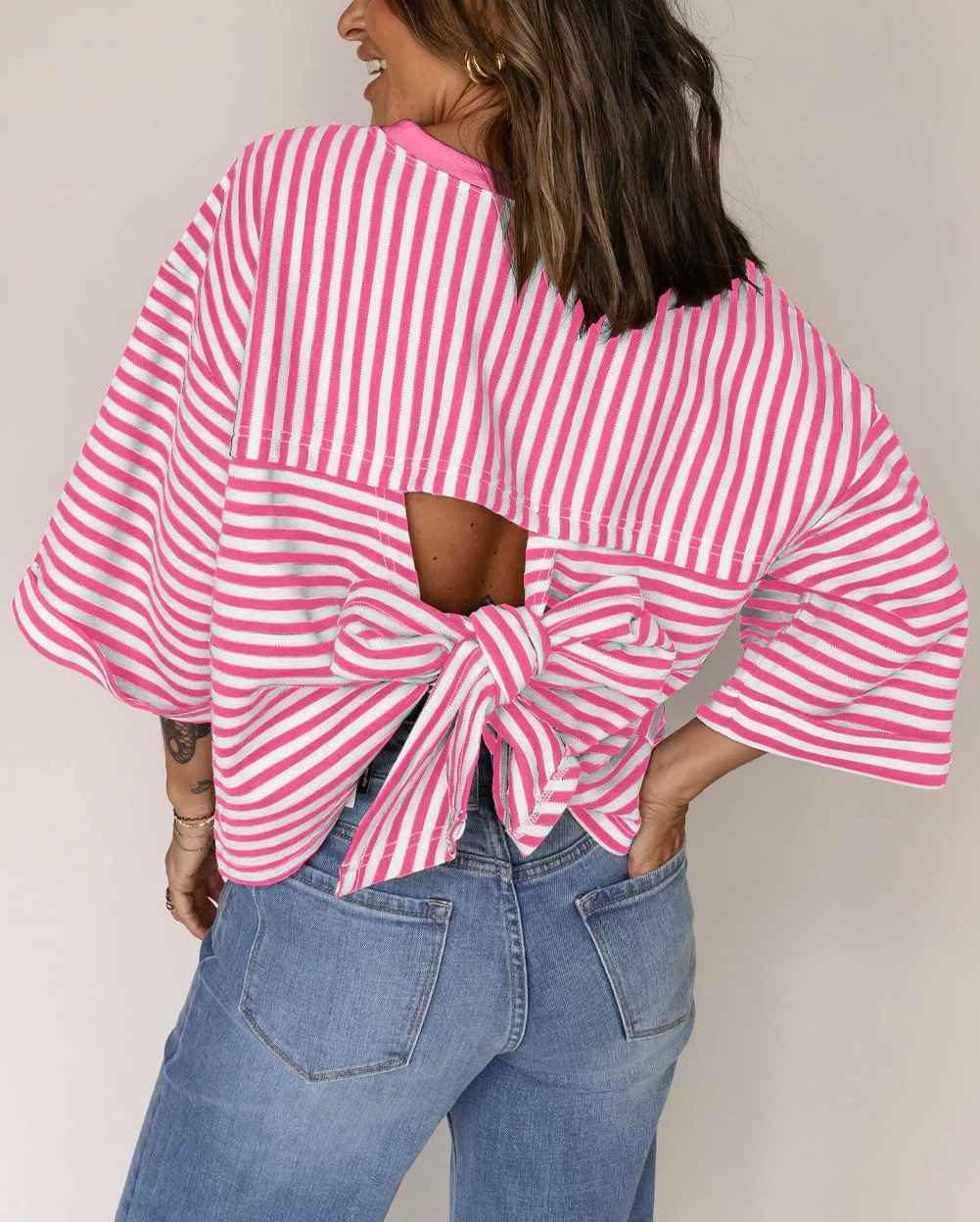 Round neck striped back tie bow pullover top - MODALIFE