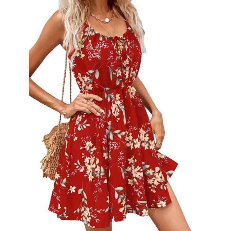 Elegant Sleeveless Printed Dress with Elastic Waist and Straps for Women - MODALIFE